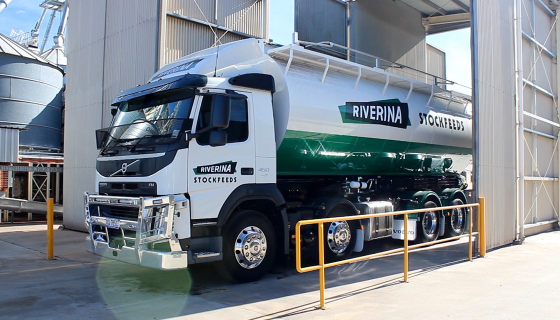 Riverina Stockfeeds truck at a stock feed mill