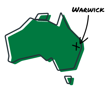 Animated map of Australia marking Riverina Stockfeeds branch in Warwick, Queensland